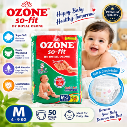 OZONE So-Fit Premium Baby Diapers M Size 4-9 KG | Pack of 50 Pieces | Soft & Comfortable Disposable Diapers for Babies | Elastic Waistband