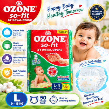 OZONE So-Fit Premium Baby Diapers Large Size L-4 9-18 KG | 50 Pieces Pack | Soft & Comfortable Disposable Diapers for Babies | Elastic Waistband