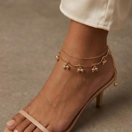 Women’s Gold Plated Anklet Bracelet with Butterfly & Bead Charms | Elegant Double Layer Ankle Chain Jewellery for Girls & Women | Stylish Party Wear & Casual Fashion Accessories
