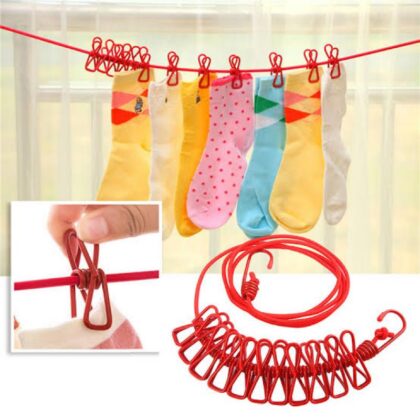 Elastic Clothesline Rop 185cm Portable Clothesline With 12 Clip (Random color)