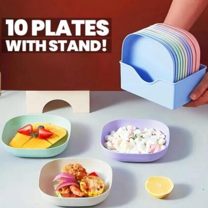 Kitchen Accessories Square Plastic Dinner Plate Set Set of 10 Pcs Colorful Snacks Breakfast Plate with Stand Kitchen Tools 10Pcs MultiColor