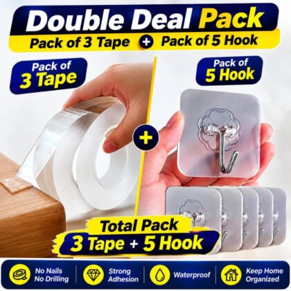 8 Pc Deal – 3 Pcs Strong Adhesive Tape + 5 Pcs Wall Hooks | No Drilling, Waterproof & Strong Adhesion