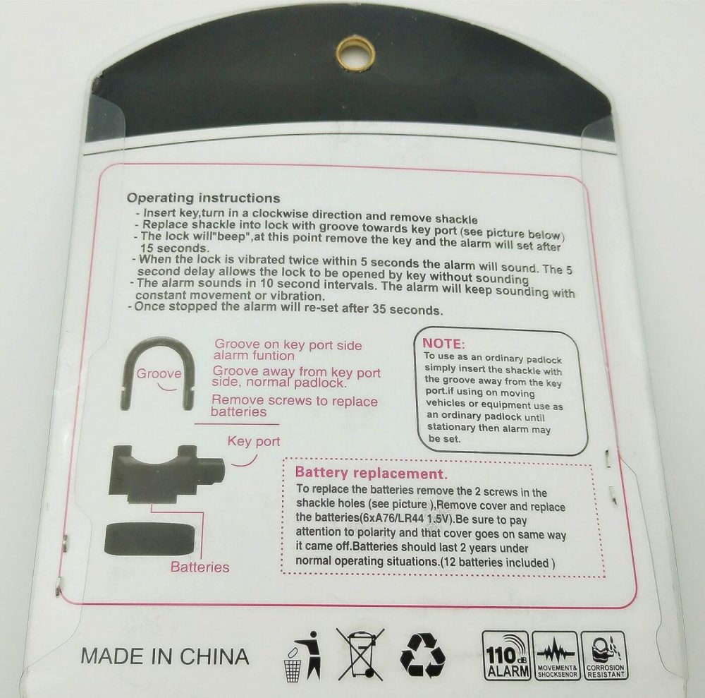 Universal Security Alarm Lock System Waterproof Black Anti Theft Siren 110Dba Alarm Anti Padlock Thickened Shackle Padlock with 3 Keys 1Pcs Polished Finish