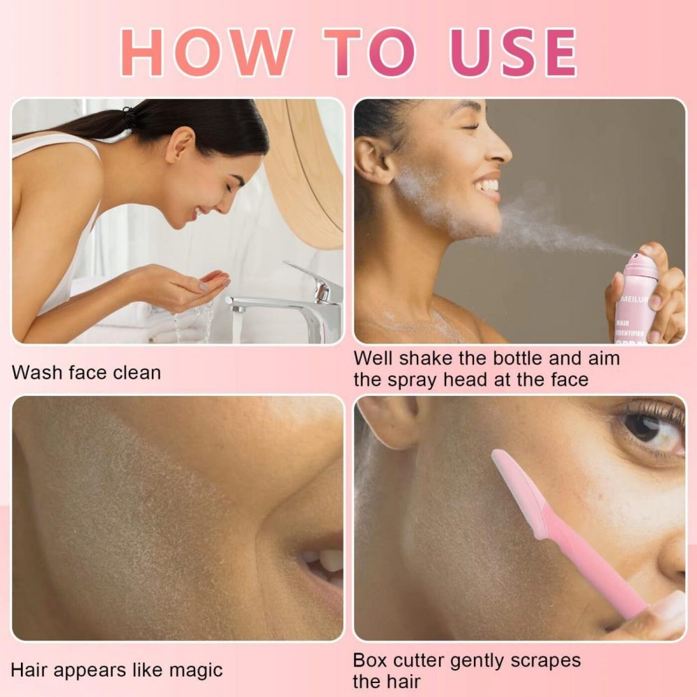 Hair Identifier Spray With 4 Razors or Face Shaving Moisturizing and Skin Care Dermaplaner Spray Glow Reveal Face Spray for Face Dermaplaning