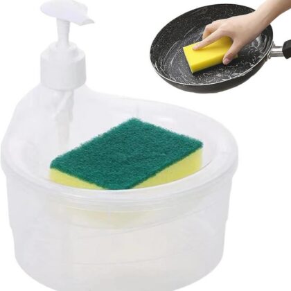 Liquid Soap Dispenser With Pump & Sponge with Sponge Caddy Organizer Holder for Kitchen Sink Tidy Scrubber Holder Dishwashing Container Kitchen Bathroom Washing Accessories