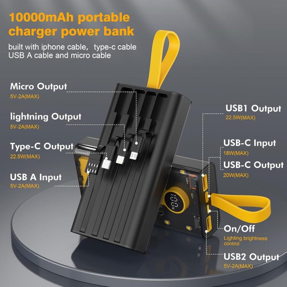 ๐ 10000mAh Fast Charging Power Bank | 22.5W Portable Charger with Built-in Cables โก
