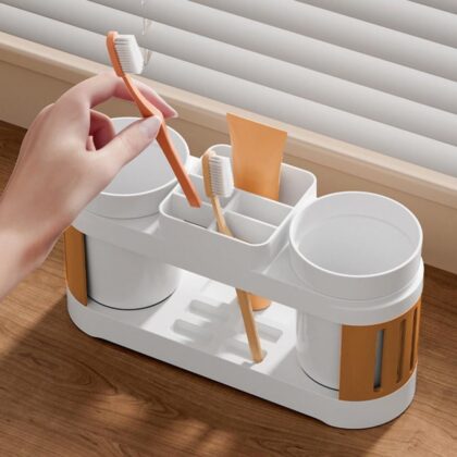 Toothbrush Holders for Bathrooms Toothbrush Holder with 2 Cups Set Tooth Brush Toothpaste Caddy Storage Small Bathroom Countertop Organizer Stand