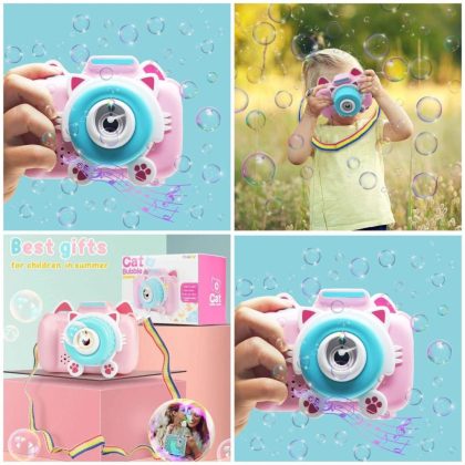 Bubble Camera with Bubble Solution Cartoon Camera Automatic Bubble Blowing Machine Toy With Light Sound for Kids