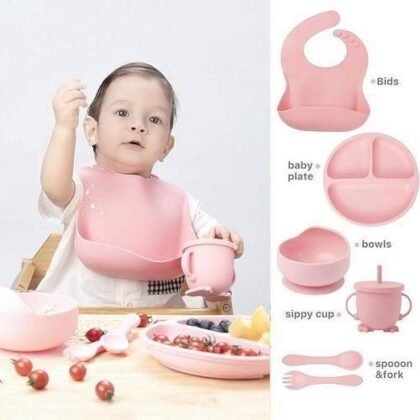 Complete Baby Feeding Set Food Grade Silicone Tableware with Bowl Plate Spoon and Bib