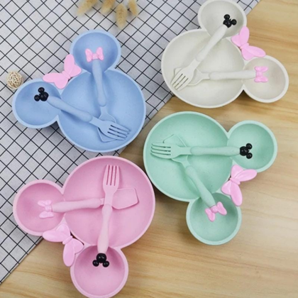 Cute Cartoon Mouse Shape Kids Dinner Plate with Spoon and Fork BPA Free Multi Color