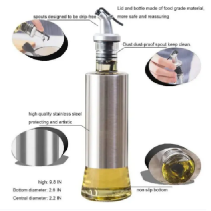 Glass Oil Bottle with Nozzle Head Steel Case Nozzle Glass Oil Bottle 300 ML