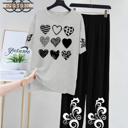 Grey & Black Women Printed Night Suit Fabric Jersey
