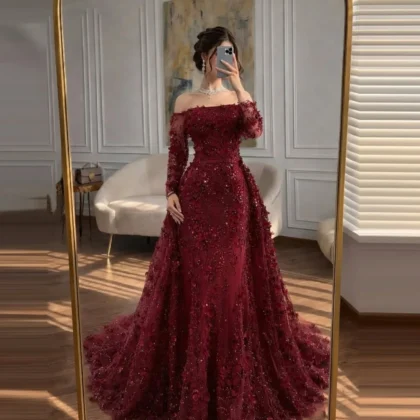 Customized Burgundy Prom Dress Off Shoulder 3D Floral Applique Mermaid Evening Gown with Overskirt Women Wedding Formal Occasion