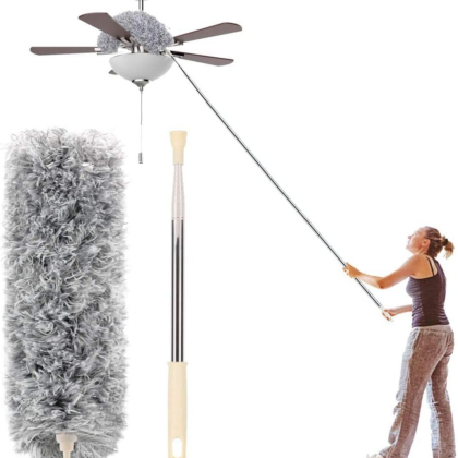 Microfiber Duster with Extension Pole Stainless Steel 30 to 100 with Bendable Head Extendable Long Fan Duster for Cleaning Ceiling Fan High Ceiling Keyboard Furniture Cars Gray