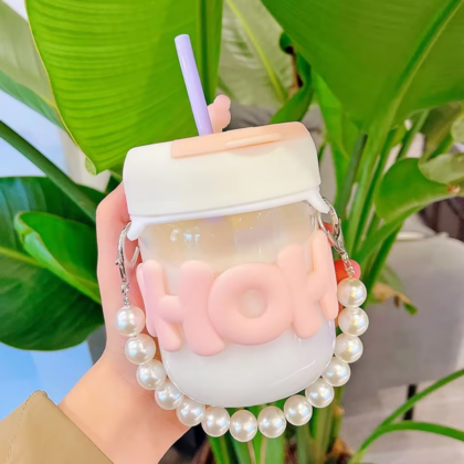 Pearl Chain Glass Cup Female High Beauty Household Water Cup Portable Breakfast Milk Cup Cute glass Straw Double Drinking coffee Cup best for gift way trader
