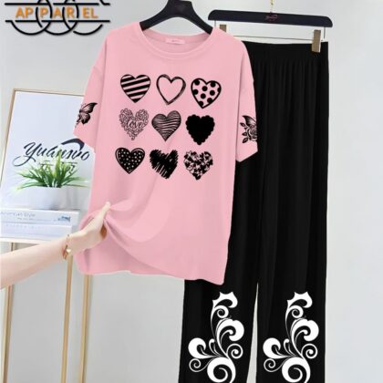 Pink & Black Women Printed Night Suit Fabric Jersey