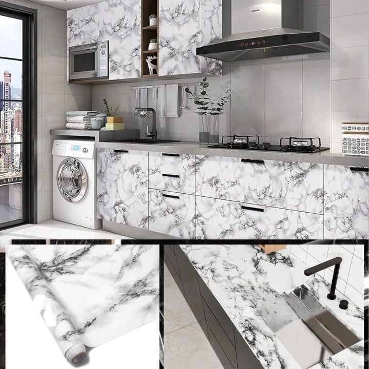 WHITE & BLACK Waterproof Heat Resistant Self Adhesive Anti Oil Kitchen Wallpaper Marble Sheet 60*200 for Kitchen